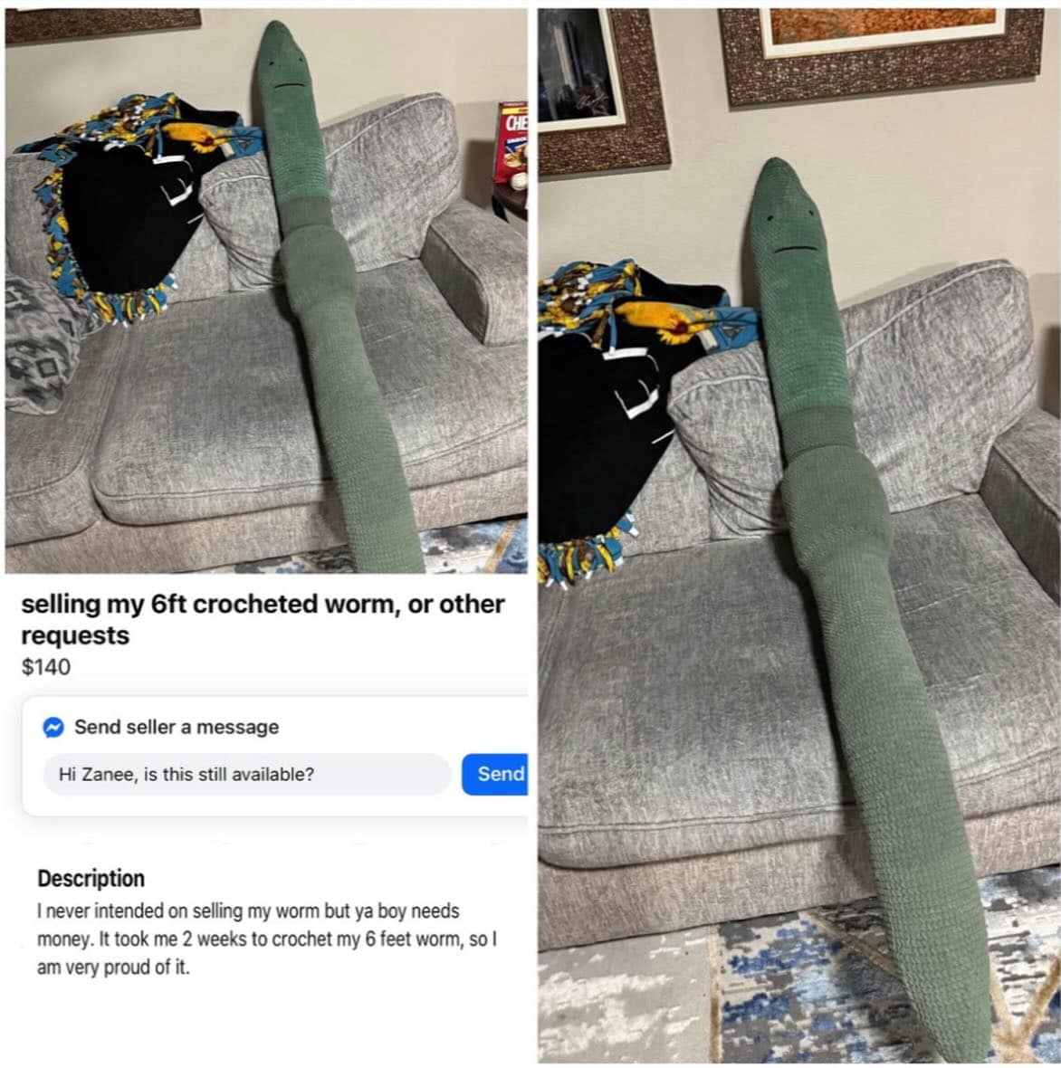 selling my 6ft crocheted worm, or other requests