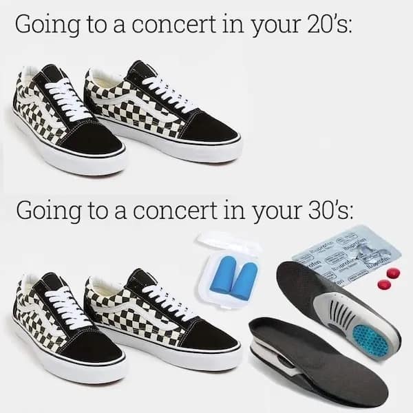 Going to a concert in your 20's: Going to a concert in your 30's: