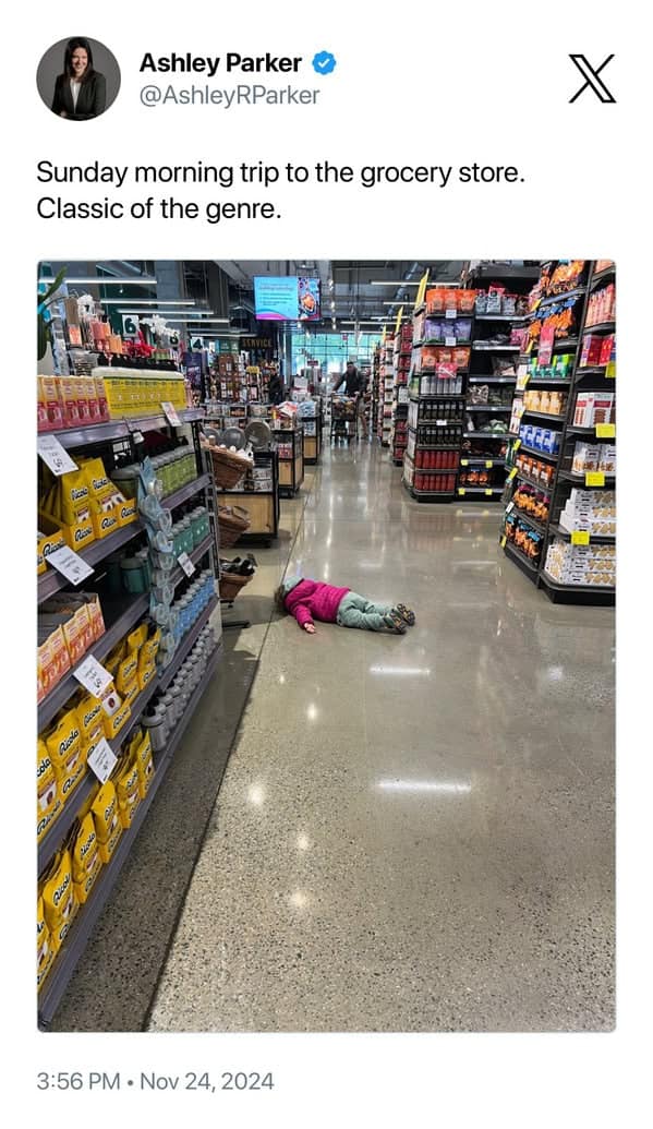 Sunday morning trip to the grocery store. Classic of the genre.