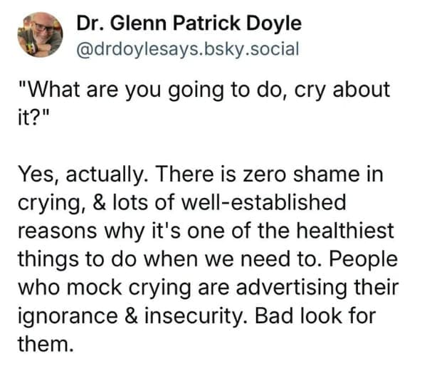 "What are you going to do, cry about it?" Yes, actually. There is zero shame in crying, & lots of well-established reasons why it's one of the healthiest things to do when we need to. People who mock crying are advertising their ignorance & insecurity. Bad look for them.