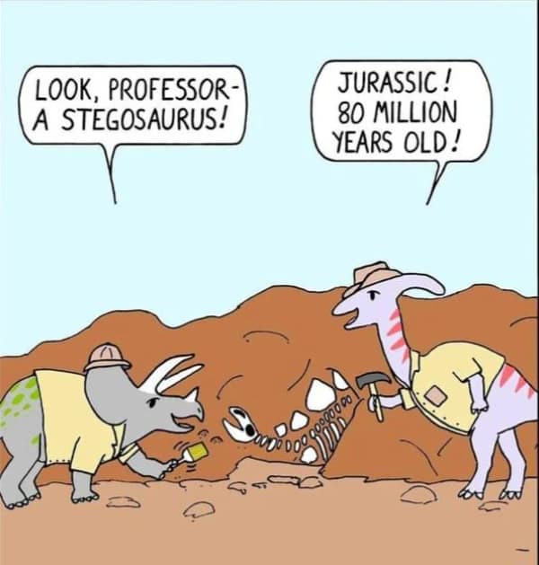 LOOK, PROFESSOR-A STEGOSAURUS! JURASSIC! 80 MILLION YEARS OLD!