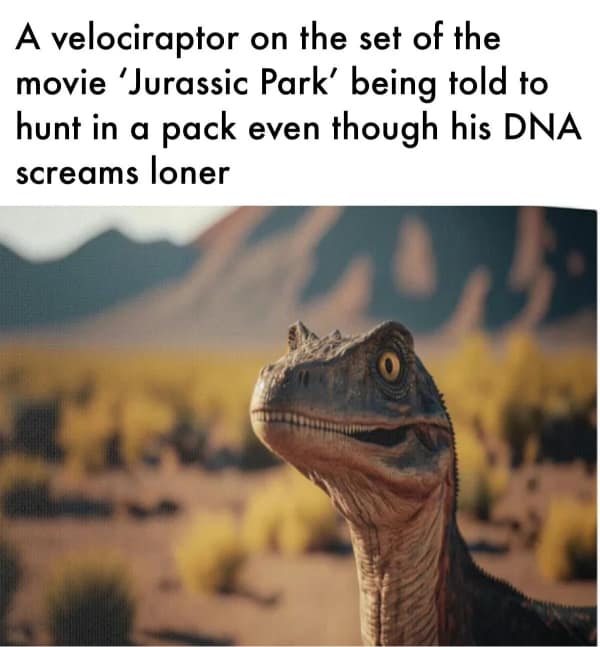 A velociraptor on the set of the movie 'Jurassic Park' being told to hunt in a pack even though his DNA screams loner