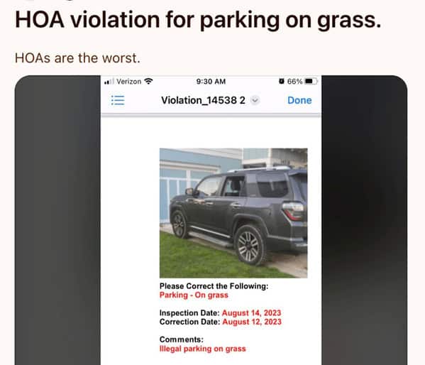 HOA violation for parking on grass.