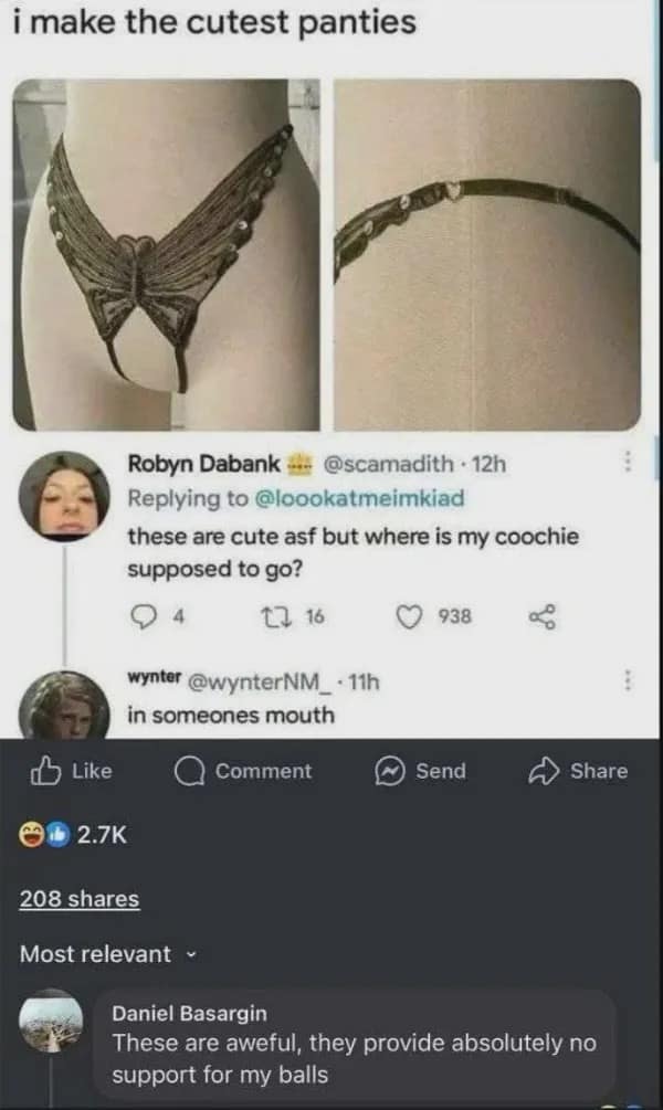 i make the cutest panties Robyn Dabank @scamadith • 12h Replying to @loookatmeimkiad these are cute af but where is my coochie supposed to go? 4 t7 16 938 wynter @wynterNM_• 11h in someones mouth Like Comment Send 2.7K 208 shares Most relevant ~ Daniel Basargin These are aweful, they provide absolutely no support for my balls Share