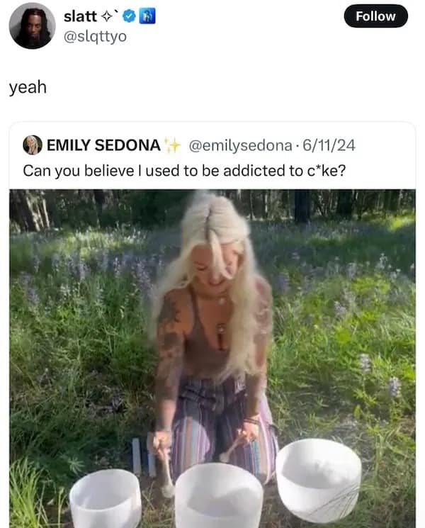 slatt @slqttyo Follow yeah EMILY SEDONA @emilysedona • 6/11/24 Can you believe I used to be addicted to c*ke?