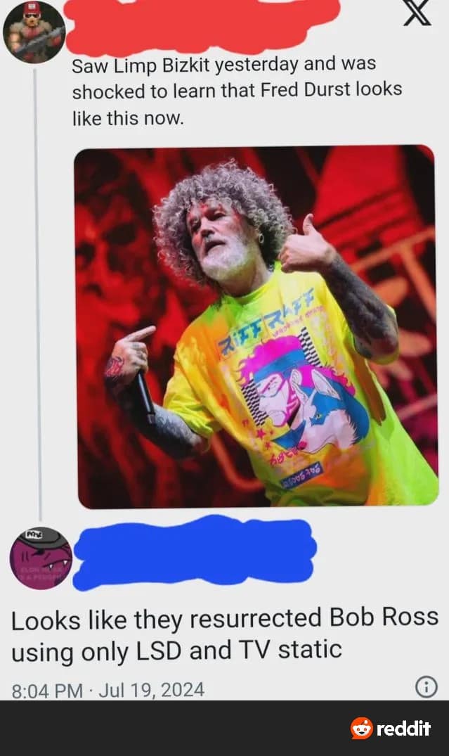 Saw Limp Bizkit yesterday and was shocked to learn that Fred Durst looks like this now. Looks like they resurrected Bob Ross using only LSD and TV static 8:04 PM • Jul 19, 2024 reddit