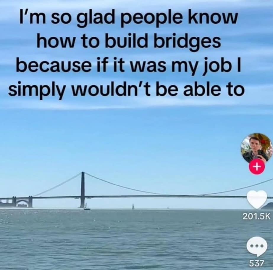 I'm so glad people know how to build bridges because if it was my job I simply wouldn't be able to 201.5K 537