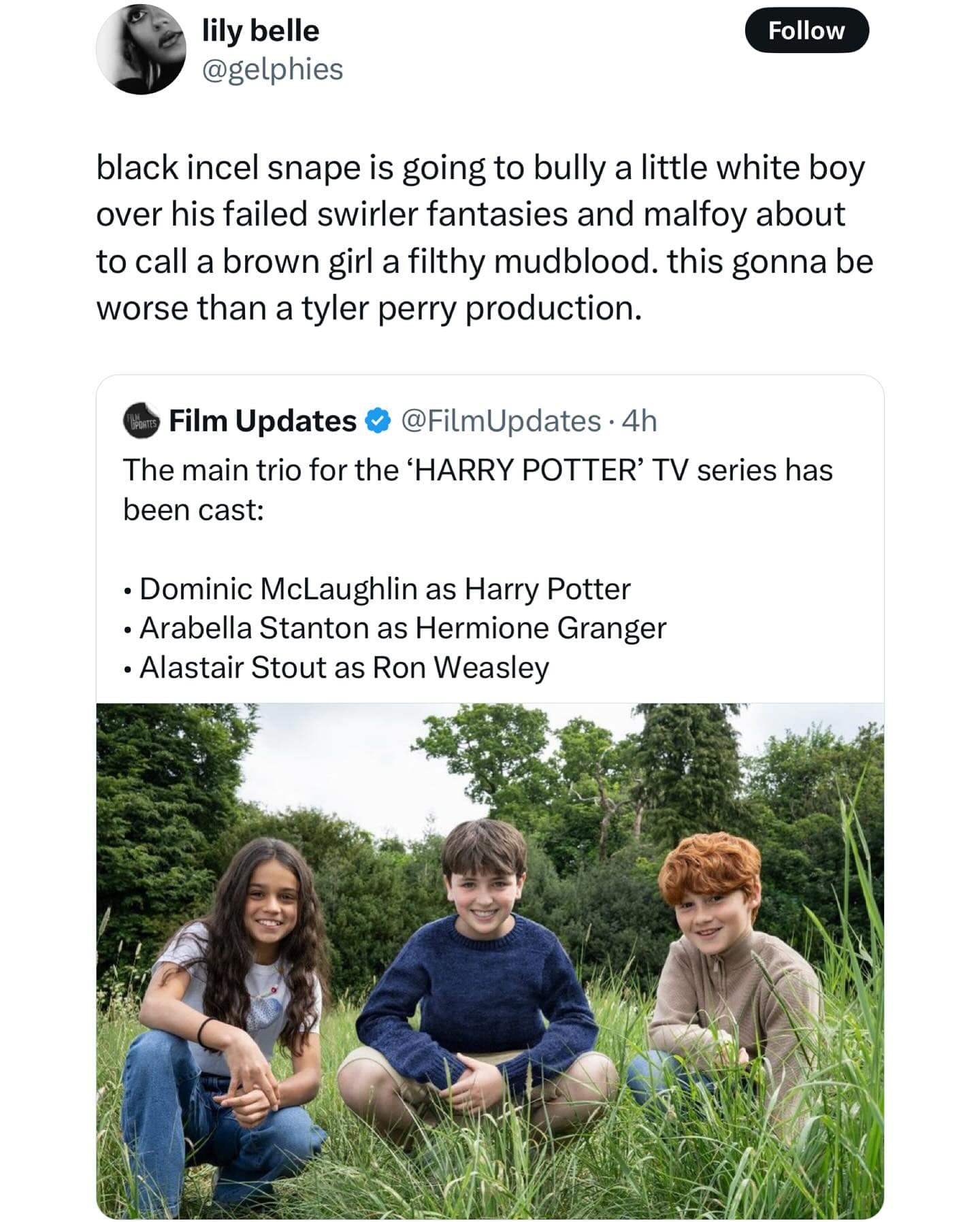 lily belle @gelphies Follow black incel snape is going to bully a little white boy over his failed swirler fantasies and malfoy about to call a brown girl a filthy mudblood. this gonna be worse than a tyler perry production. i Film Updates & @FilmUpdates • 4h The main trio for the 'HARRY POTTER' TV series has been cast: • Dominic McLaughlin as Harry Potter • Arabella Stanton as Hermione Granger • Alastair Stout as Ron Weasley