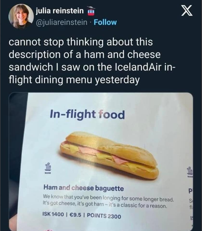 julia reinstein @juliareinstein - Follow cannot stop thinking about this description of a ham and cheese sandwich I saw on the IcelandAir inflight dining menu yesterday In-flight food Ham and cheese baguette We know that you've been longing for some longer bread. It's got cheese, it's got ham - it's a classic for a reason. ISK 1400 | €9.5 | POINTS 2300 S