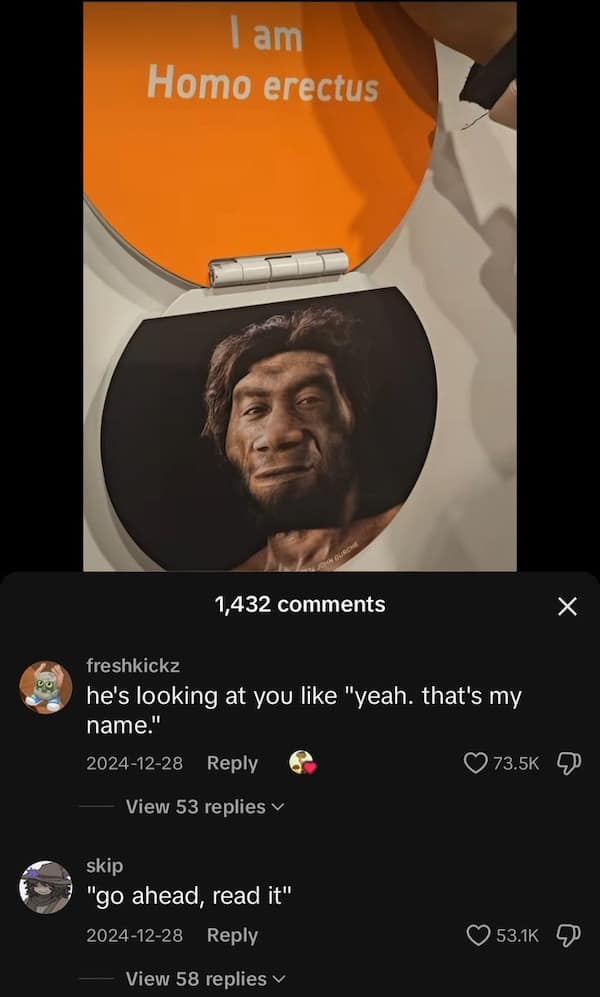lam Homo erectus 1,432 comments X freshkickz he's looking at you like "yeah. that's my name."" 2024-12-28 Reply - View 53 replies v skip "go ahead, read it" 2024-12-28 Reply - View 58 replies v • 73.5K Q © 53.1K Q