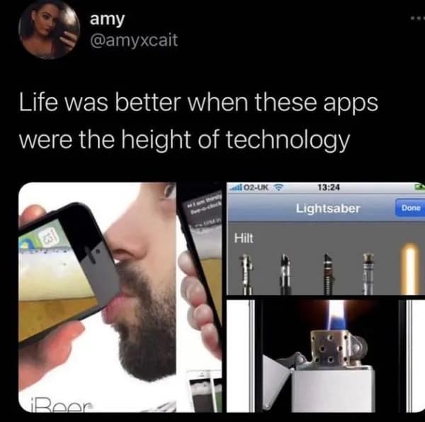 amy @amyxcait Life was better when these apps were the height of technology ..102.UK 3 13:24 Lightsaber Hilt Done