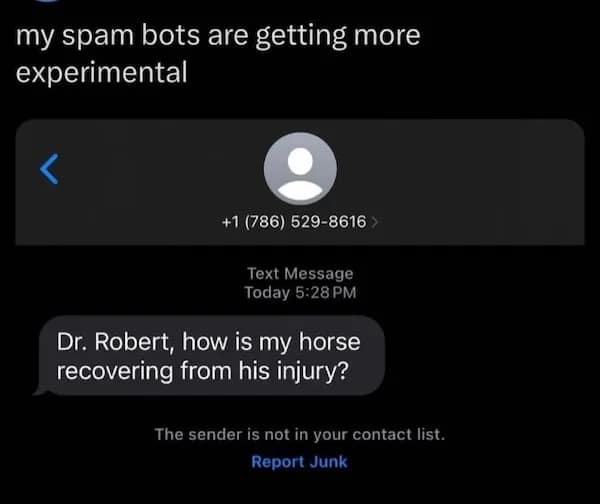 my spam bots are getting more experimental +1 (786) 529-8616 > Text Message Today 5:28 PM Dr. Robert, how is my horse recovering from his injury? The sender is not in your contact list. Report Junk