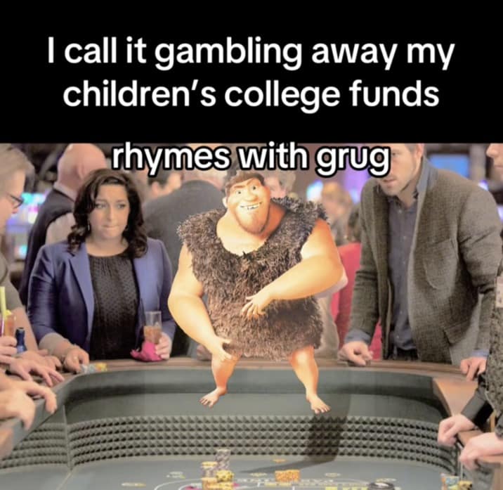 rhymes with grug memes, rhymes with grug, grug memes, TikTok memes, Croods memes, meme template, Grug meme, snowclone jokes, wordplay memes