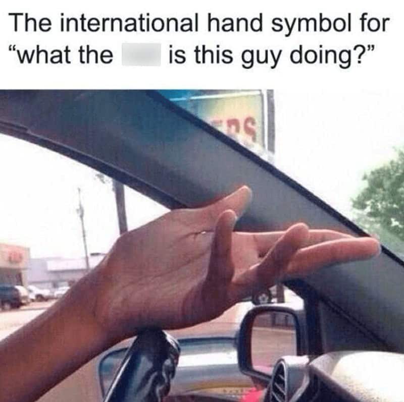 The international hand symbol for "what the is this guy doing?"