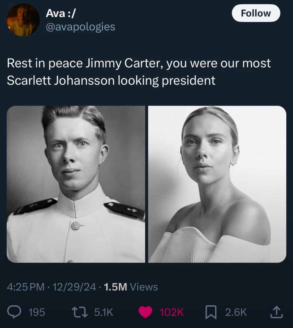 Rest in peace Jimmy Carter, you were our most Scarlett Johansson looking president