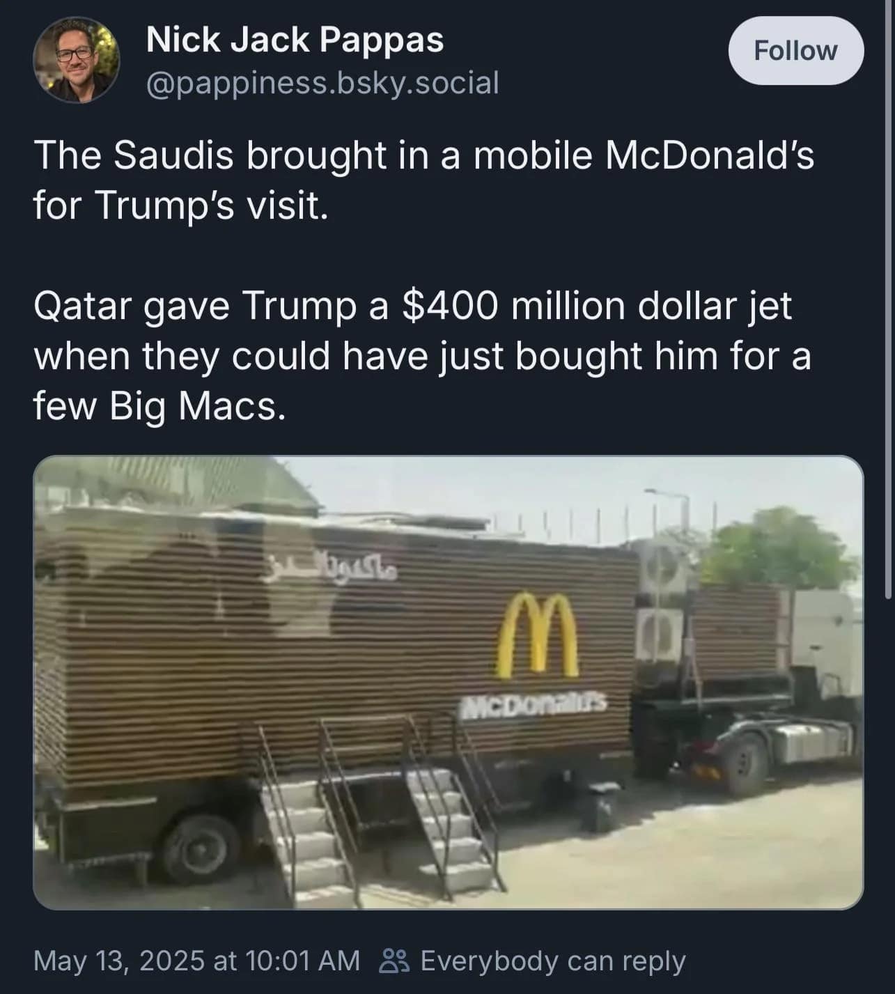 Trump mcdonalds truck memes, trump fast food memes, trump burger memes, presidential mcdonalds memes, saudi trump visit memes, trump foreign trip memes, arms deal memes, fast food truck memes, mcdonalds truck jokes, burger truck humor, riyadh mcdonalds truck
