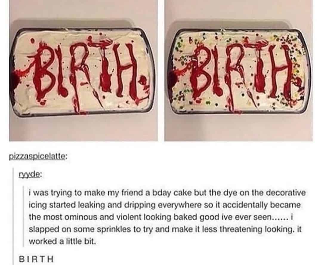 i was trying to make my friend a bday cake but the dye on the decorative icing started leaking and dripping everywhere so it accidentally became the most ominous and violent looking baked good ive ever seen...... i slapped on some sprinkles to try and make it less threatening looking. it worked a little bit.