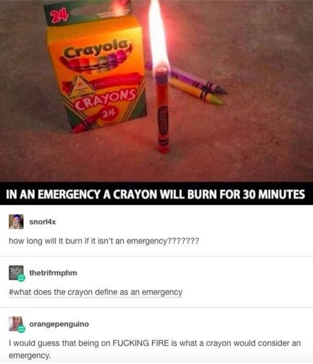 IN AN EMERGENCY A CRAYON WILL BURN FOR 30 MINUTES