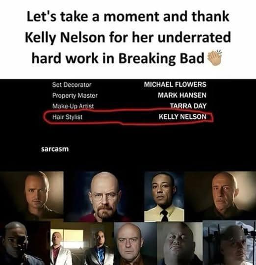 Let's take a moment and thank Kelly Nelson for her underrated hard work in Breaking Bad * Set Decorator Property Master Make-Up Artist Hair Stylist MICHAEL FLOWERS MARK HANSEN TARRA DAY KELLY NELSON sarcasm