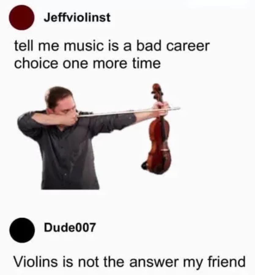 Jeffviolinst tell me music is a bad career choice one more time Dude007 Violins is not the answer my friend
