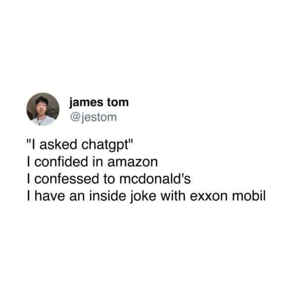 james tom @jestom "I asked chatgpt" I confided in amazon I confessed to mcdonald's I have an inside joke with exxon mobil