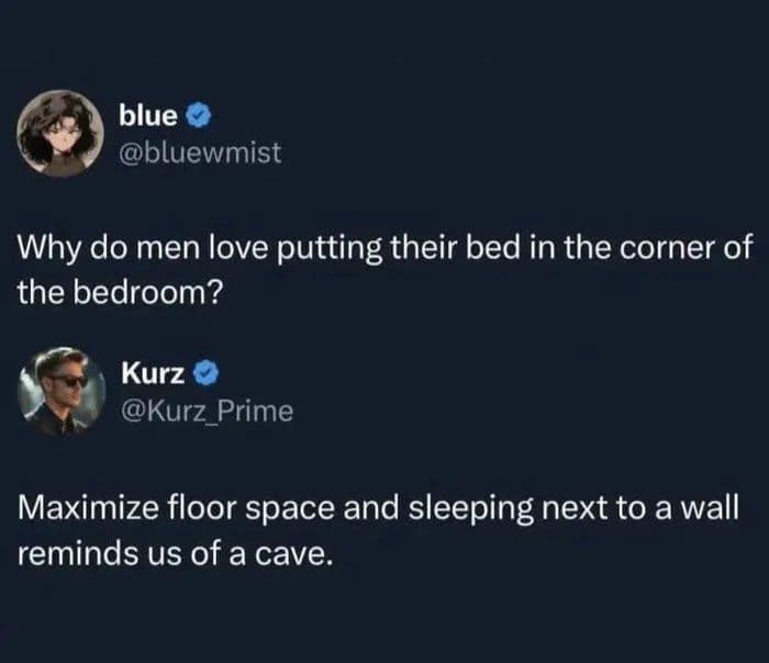 blue @bluewmist Why do men love putting their bed in the corner of the bedroom? Kurz @Kurz_Prime Maximize floor space and sleeping next to a wall reminds us of a cave.