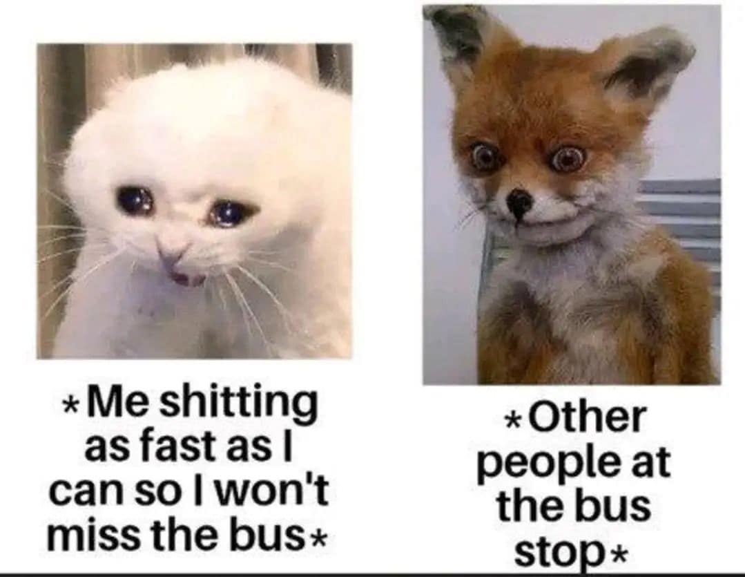 * Me shitting as fast as l can so I won't miss the bus* *Other people at the bus stop+