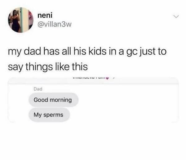 neni @villan3w my dad has all his kids in a gc just to say things like this Dad Good morning My sperms