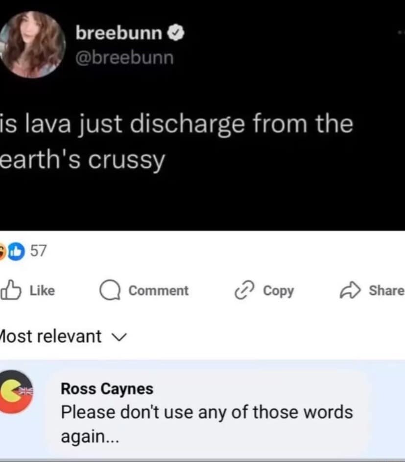 breebunn O @breebunn is lava just discharge from the earth's crussy 0 57 Like • Comment O Copy lost relevant v Ross Caynes Please don't use any of those words again... → Share