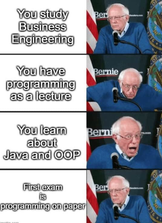 You study Business Engineering You have programming as a lecture You learn about Java and OOP First exam is programming on