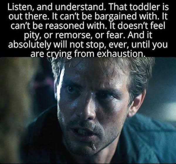 Listen, and understand. That toddler is out there. It can't be bargained with. It can't be reasoned with. It doesn't feel pity, or remorse, or fear. And it absolutely will not stop, ever, until you are crying from exhaustion.