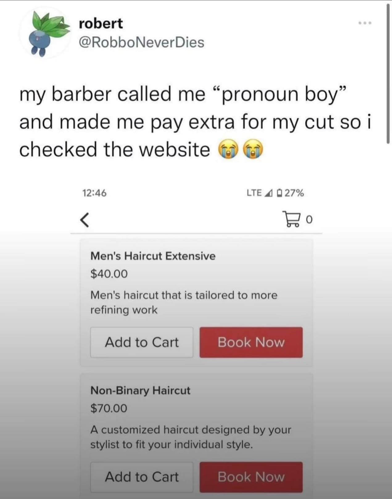 my barber called me "pronoun boy" and made me pay extra for my cut so i checked the website