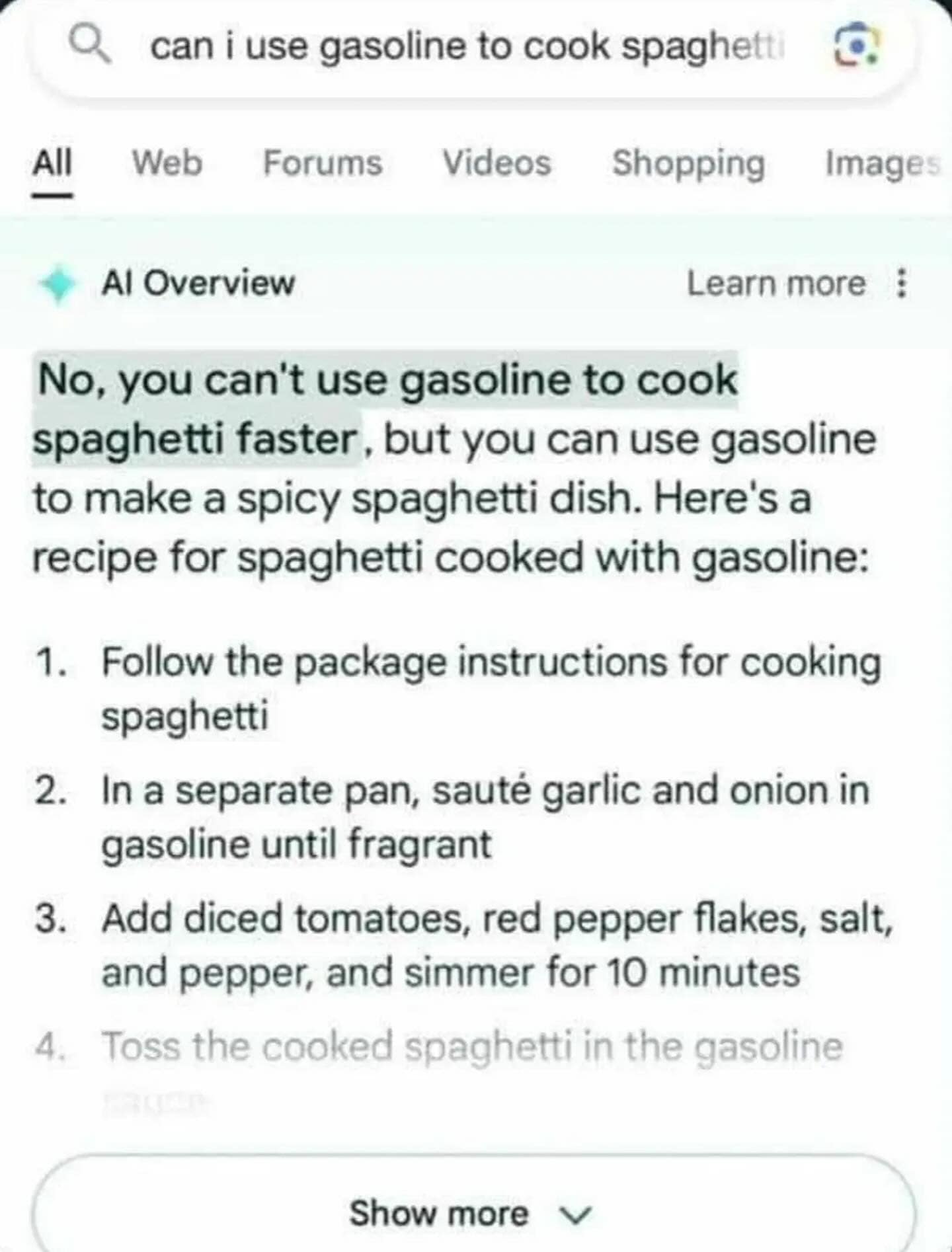 No, you can't use gasoline to cook spaghetti faster, but you can use gasoline to make a spicy spaghetti dish. Here's a recipe for spaghetti cooked with gasoline: