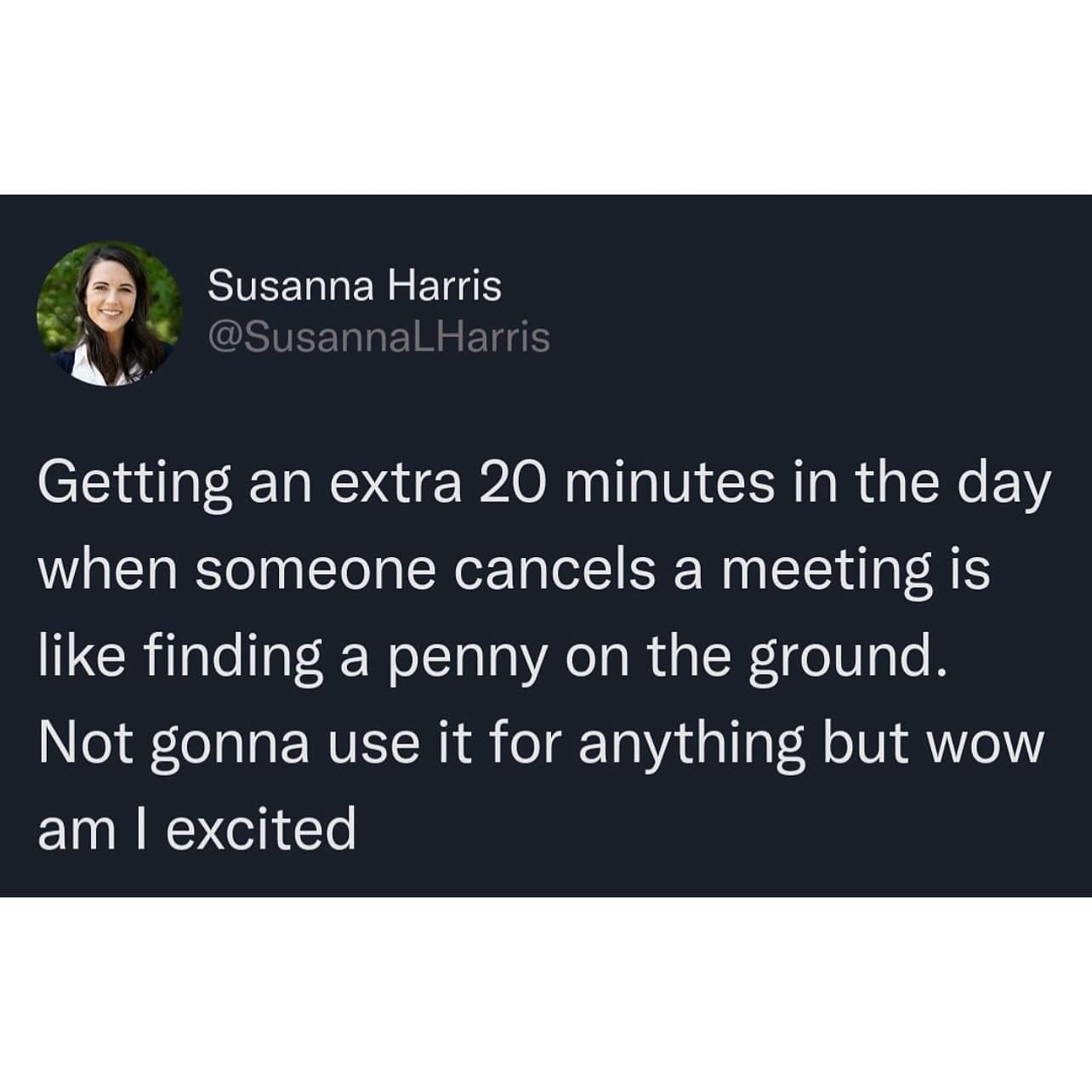 Getting an extra 20 minutes in the day when someone cancels a meeting is like finding a penny on the ground. Not gonna use it for anything but wow am I excited