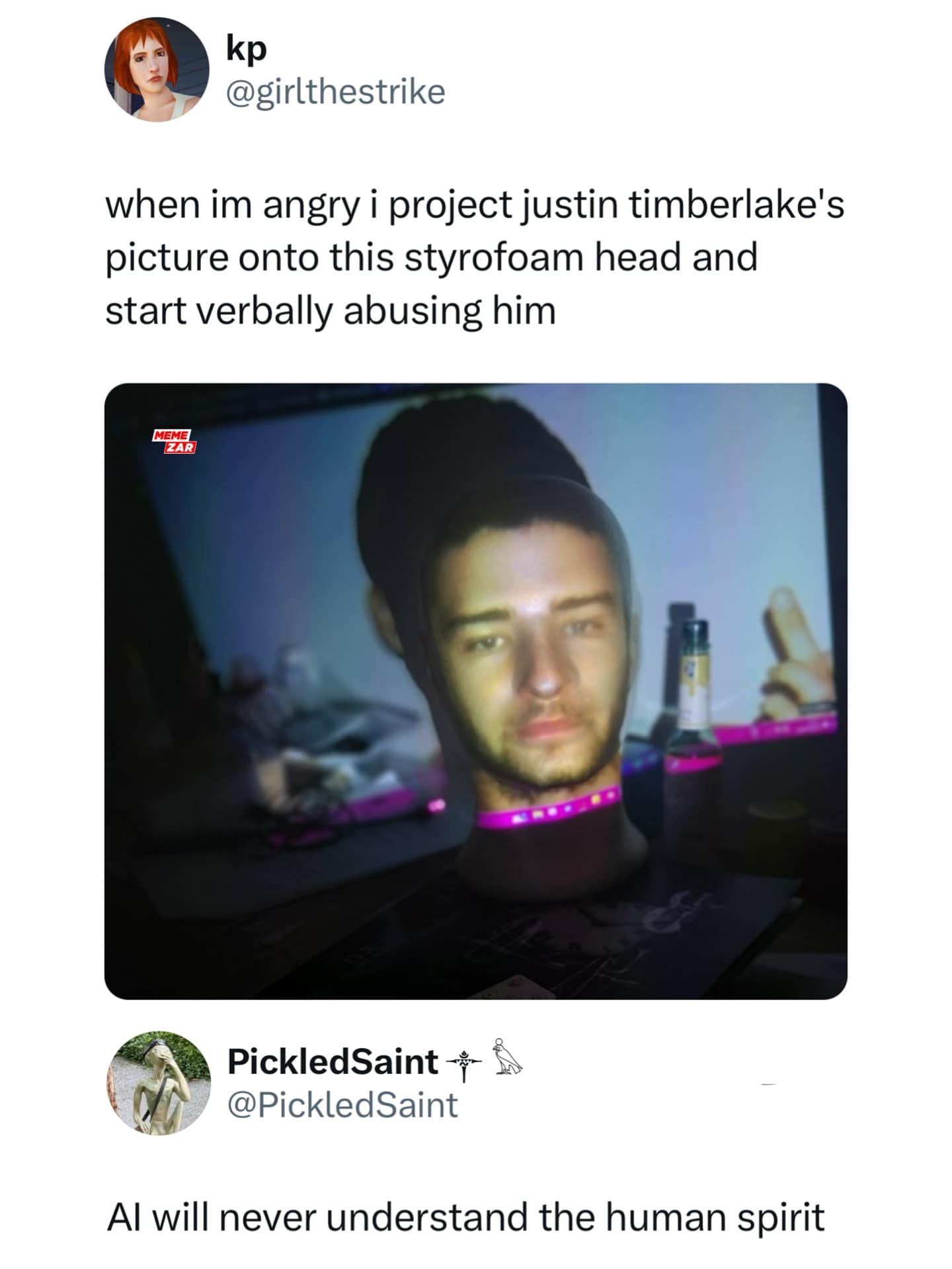 when im angry i project justin timberlake's picture onto this styrofoam head and start verbally abusing him