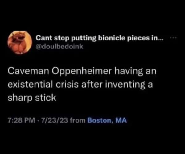 Caveman Oppenheimer having an existential crisis after inventing a sharp stick