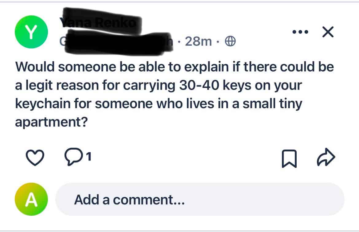 Would someone be able to explain if there could be a legit reason for carrying 30-40 keys on your keychain for someone who lives in a small tiny apartment?
