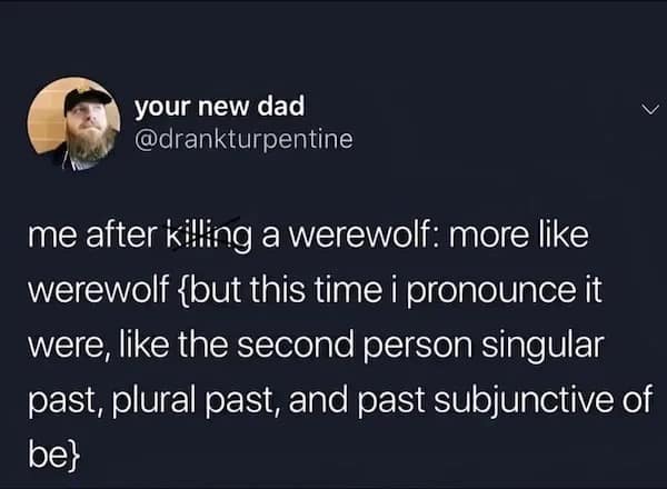 me after killing a werewolf: more like werewolf {but this time i pronounce it were, like the second person singular past, plural past, and past subjunctive of be}