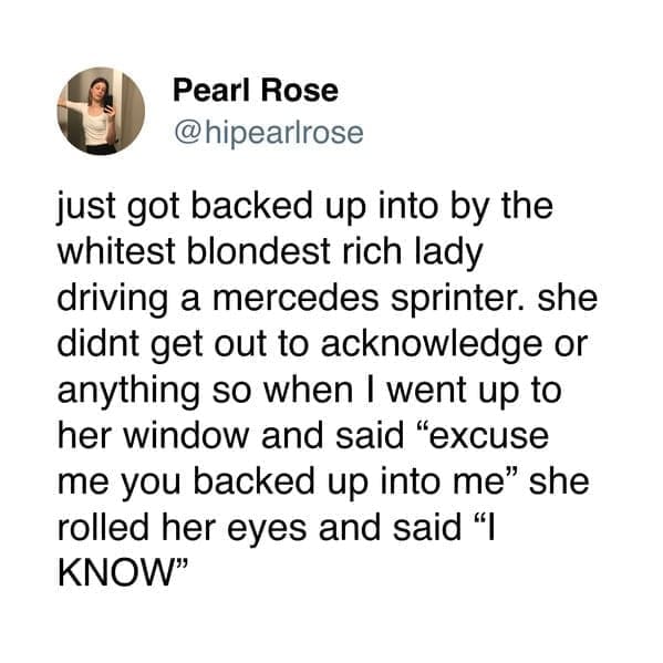 just got backed up into by the whitest blondest rich lady driving a mercedes sprinter. she didnt get out to acknowledge or anything so when I went up to her window and said "excuse me you backed up into me" she rolled her eyes and said "I KNOW"