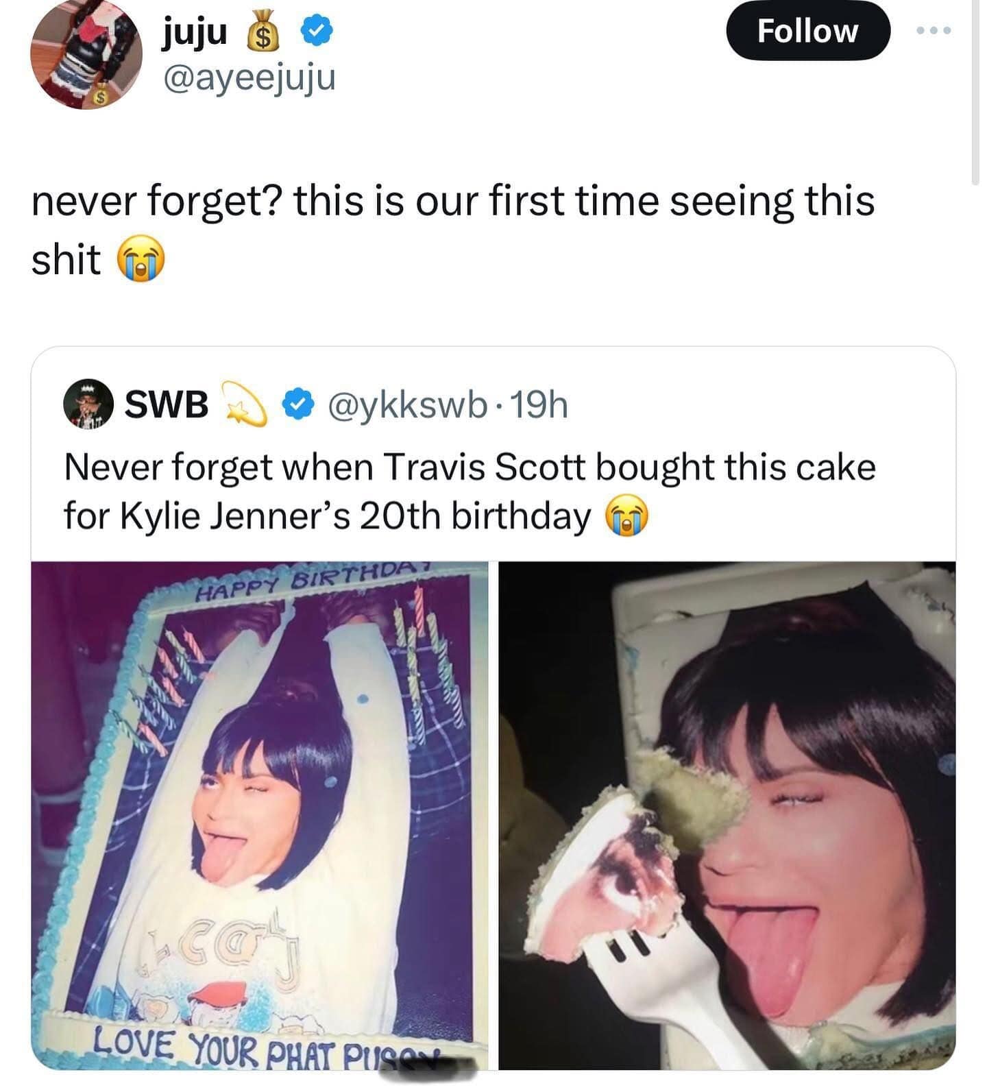 Never forget when Travis Scott bought this cake for Kylie Jenner's 20th birthday