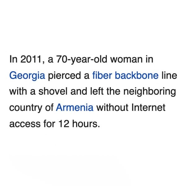 In 2011, a 70-year-old woman in Georgia pierced a fiber backbone line with a shovel and left the neighboring country of Armenia without Internet access for 12 hours.