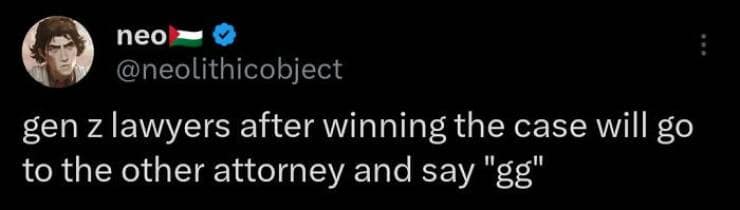 gen z lawyers after winning the case will go to the other attorney and say "gg"