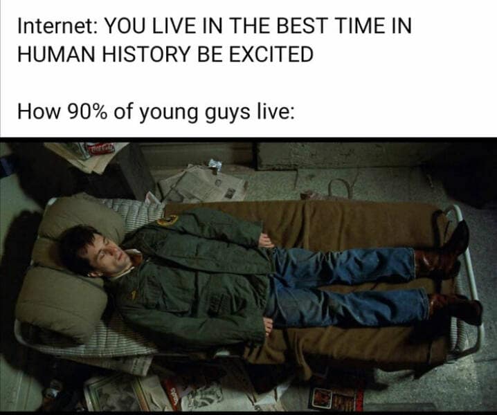 Internet: YOU LIVE IN THE BEST TIME IN HUMAN HISTORY BE EXCITED How 90% of young guys live: