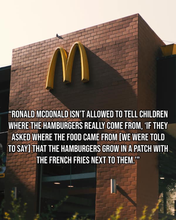 "RONALD MCDONALD ISN'T ALLOWED TO TELL CHILDREN WHERE THE HAMBURGERS REALLY COME FROM, IF THEY ASKED WHERE THE FOOD CAME FROM [WE WERE TOLD TO SAYI THAT THE HAMBURGERS GROW IN A PATCH WITH THE FRENCH FRIES NEXT TO THEM."