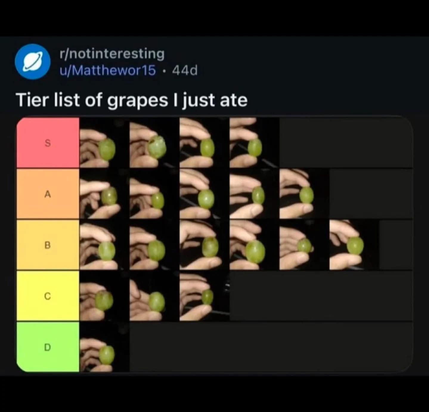 r/notinteresting u/Matthewor15 • 44d Tier list of grapes I just ate S D