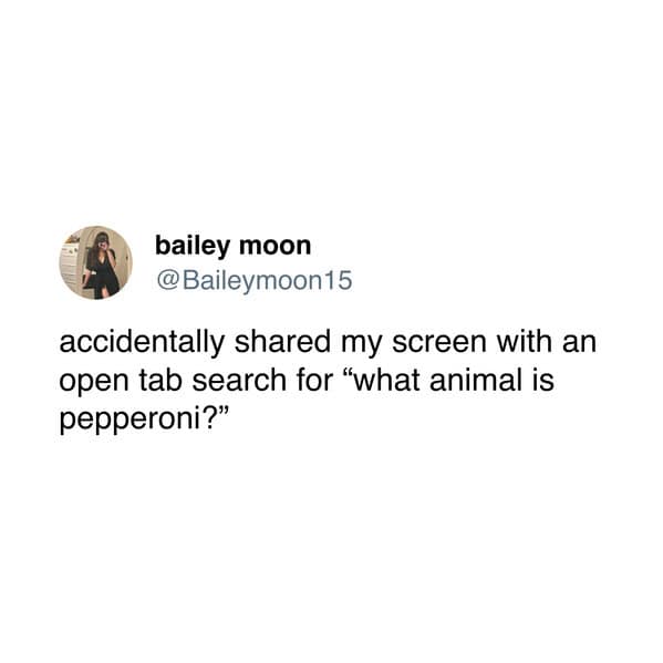 bailey moon @Baileymoon15 accidentally shared my screen with an open tab search for "what animal is pepperoni?"