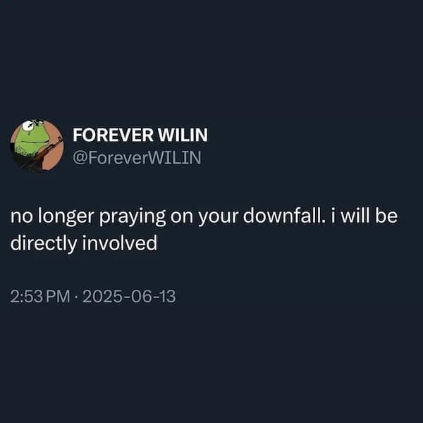 FOREVER WILIN @ForeverWILIN no longer praying on your downfall. i will be directly involved 2:53 PM 2025-06-13