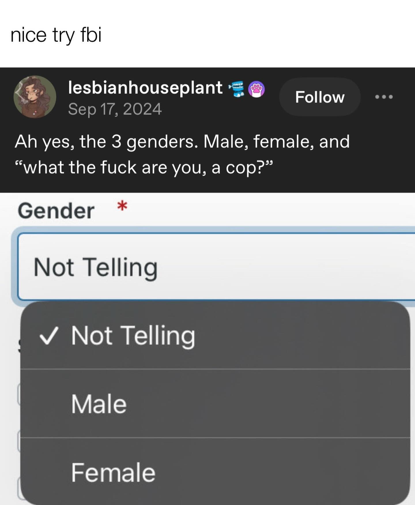 nice try fbi lesbianhouseplant *= Follow Sep 17, 2024 Ah yes, the 3 genders. Male, female, and "what the fuck are you, a cop?" Gender * Not Telling v Not Telling Male Female