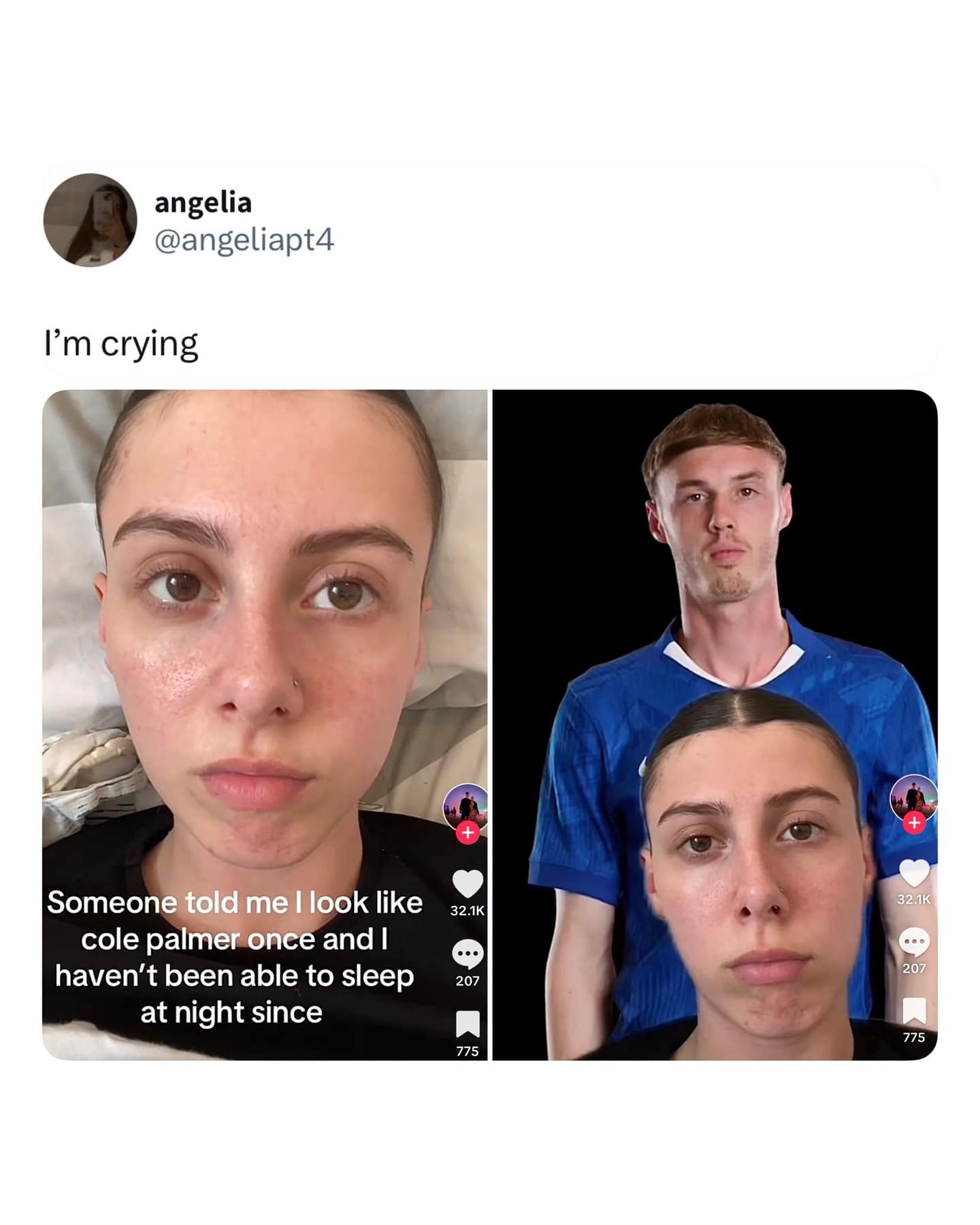 angelia @angeliapt4 I'm crying Someone told me I look like cole palmer once and I haven't been able to sleep at night since 32.1K 207 32.1K