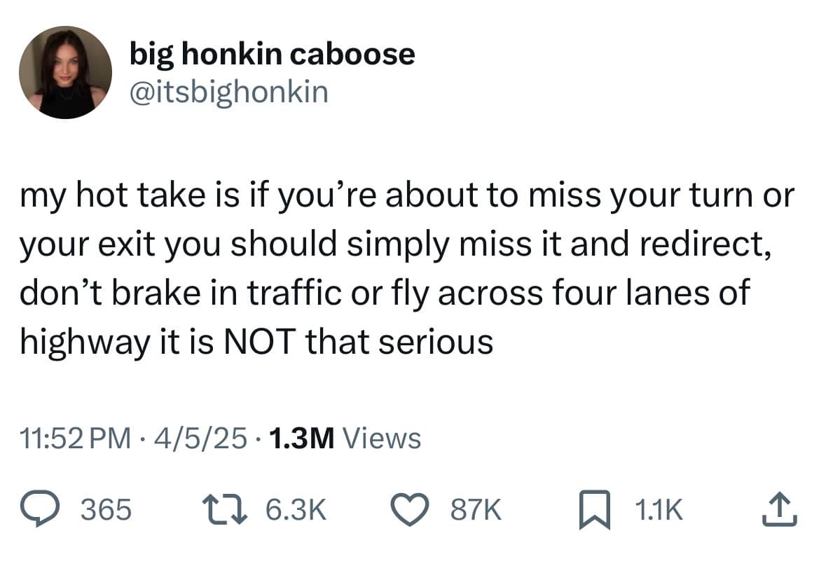 big honkin caboose @itsbighonkin my hot take is if you're about to miss your turn or your exit you should simply miss it and redirect, don't brake in traffic or fly across four lanes of highway it is NOT that serious 11:52 PM • 4/5/25 • 1.3M Views @ 365 17 6.3K O 87K 贝 1.1K